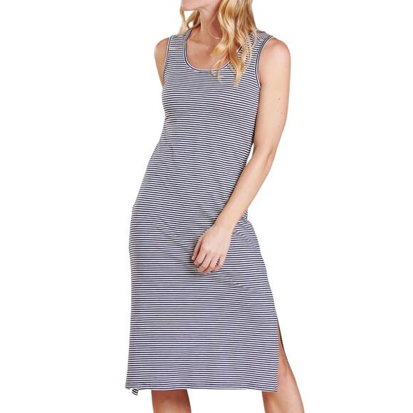 Toad&Co Samba Paseo Midi Dress Navy Stripe Sleeveless Organic Cotton Blend Large - Picture 1 of 9